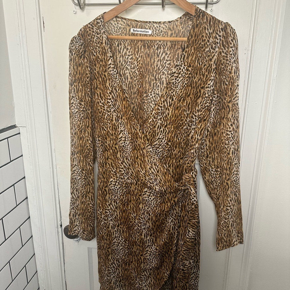 Reformation Brown Animal Print Long Sleeve Dress